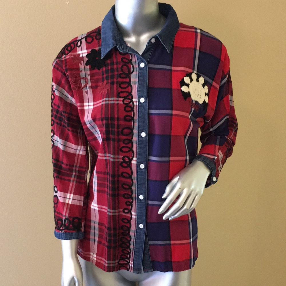 Desigual Plaid & Denim Floral Embroidered Shirt